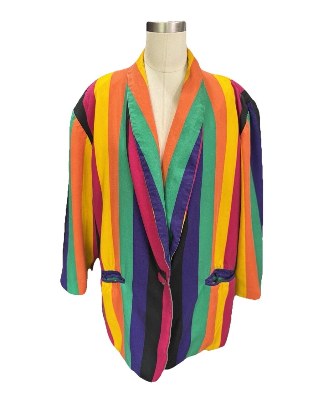 Vintage 80s Alex Tala Rainbow Striped Blazer Womens XL Colorful Oversized Jacket